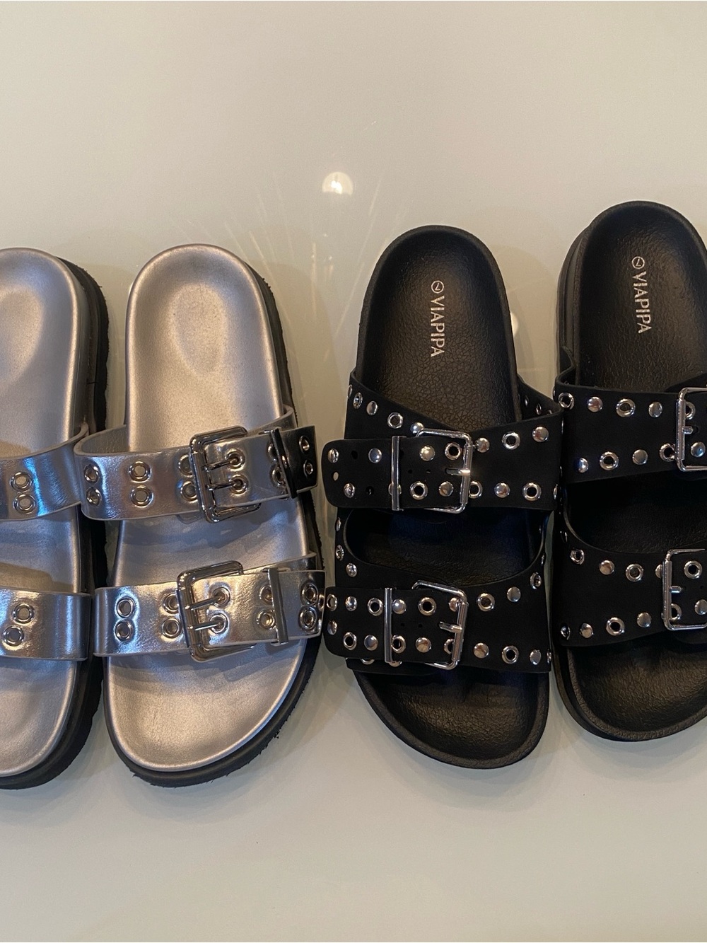 Bundle 2 Pairs Studded Double Buckle Slide Sandals Size 7 Black & Silver
